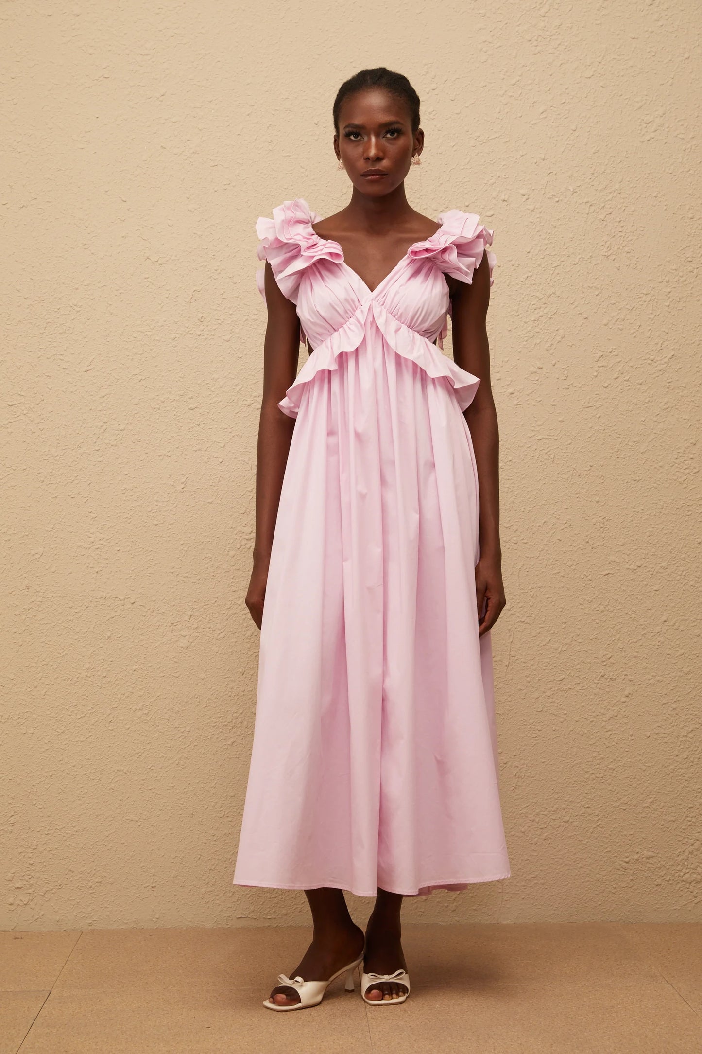 Charming Satin A-Line V-Neck Ruffled Sleeves Open Back Tie Midi Length Homecoming Dresses