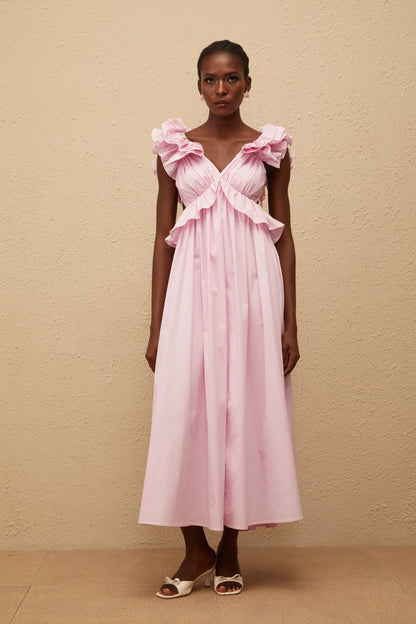 Charming Satin A-Line V-Neck Ruffled Sleeves Open Back Tie Midi Length Homecoming Dresses