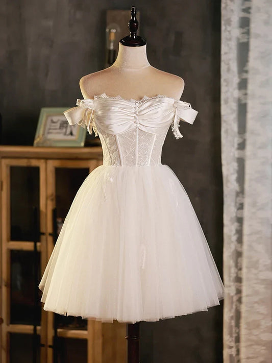 Charming Satin and Tulle A-Line Off-Shoulder Sweetheart Short Sleeve Lace-Up Back Mini Length Homecoming Dresses