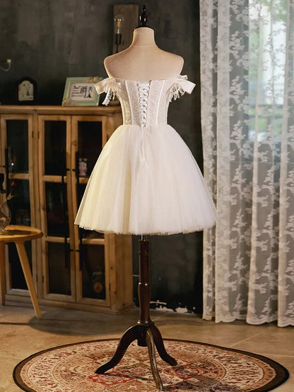 Charming Satin and Tulle A-Line Off-Shoulder Sweetheart Short Sleeve Lace-Up Back Mini Length Homecoming Dresses