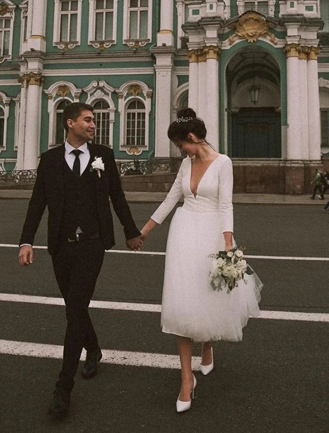 Elegant Tulle A-Line V-Neck Long Sleeve Open Back Tea-Length Wedding Dress