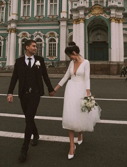 Elegant Tulle A-Line V-Neck Long Sleeve Open Back Tea-Length Wedding Dress