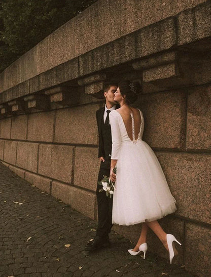Elegant Tulle A-Line V-Neck Long Sleeve Open Back Tea-Length Wedding Dress