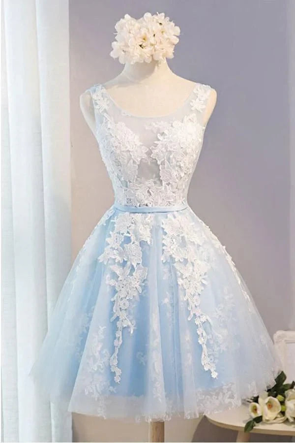 Charming Tulle A-Line Scoop Neck Sleeveless Lace-Up Back Short Homecoming Dresses