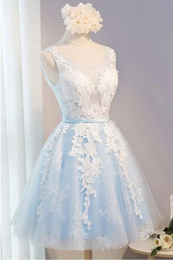 Charming Tulle A-Line Scoop Neck Sleeveless Lace-Up Back Short Homecoming Dresses