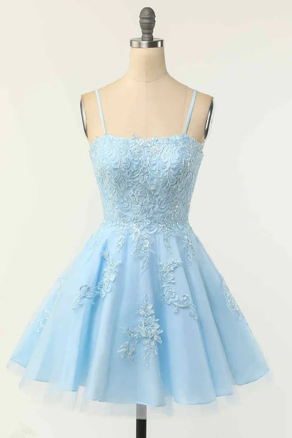 Charming Tulle A-Line Square Neck Sleeveless Lace-Up Back Short Homecoming Dresses