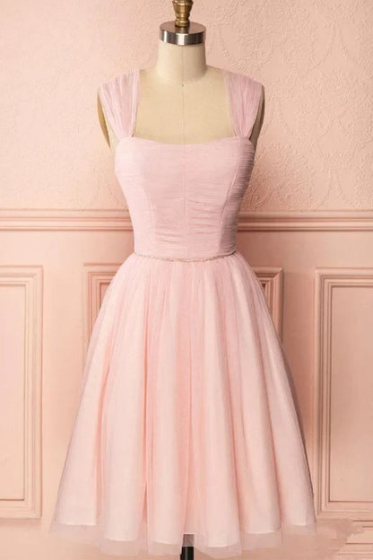 Charming Tulle A-Line Square Neck Thick Strap Ruched Bodice V-Back Short Homecoming Dresses with Beading