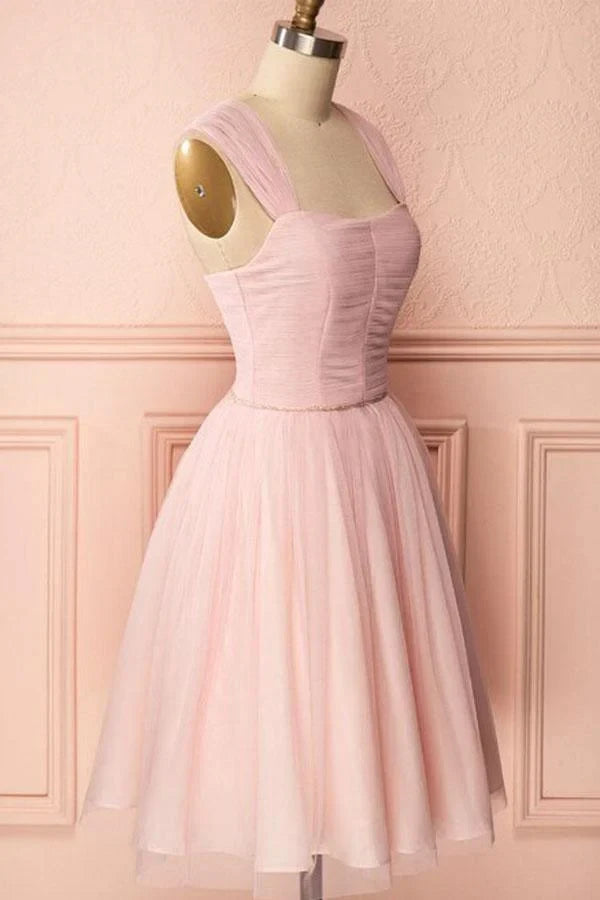 Charming Tulle A-Line Square Neck Thick Strap Ruched Bodice V-Back Short Homecoming Dresses with Beading
