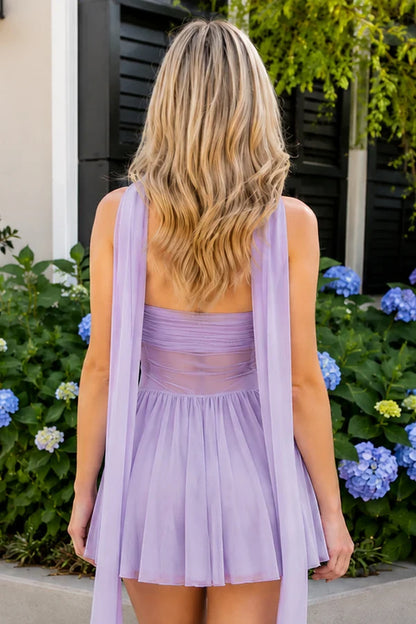 Charming Tulle A-Line Sweetheart Sleeveless Open Back with Scarf Detail Short Homecoming Dresses