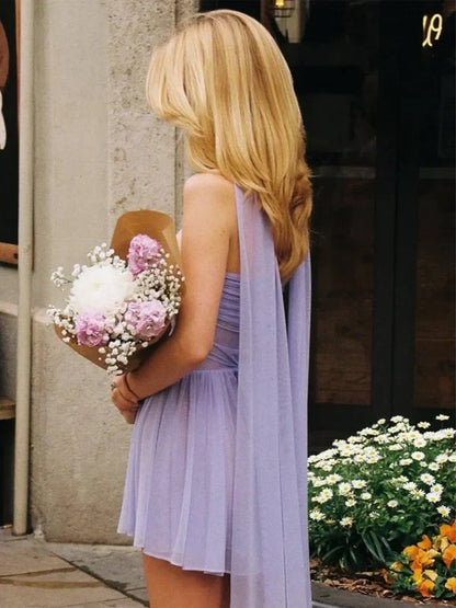 Charming Tulle A-Line Sweetheart Sleeveless Open Back with Scarf Detail Short Homecoming Dresses