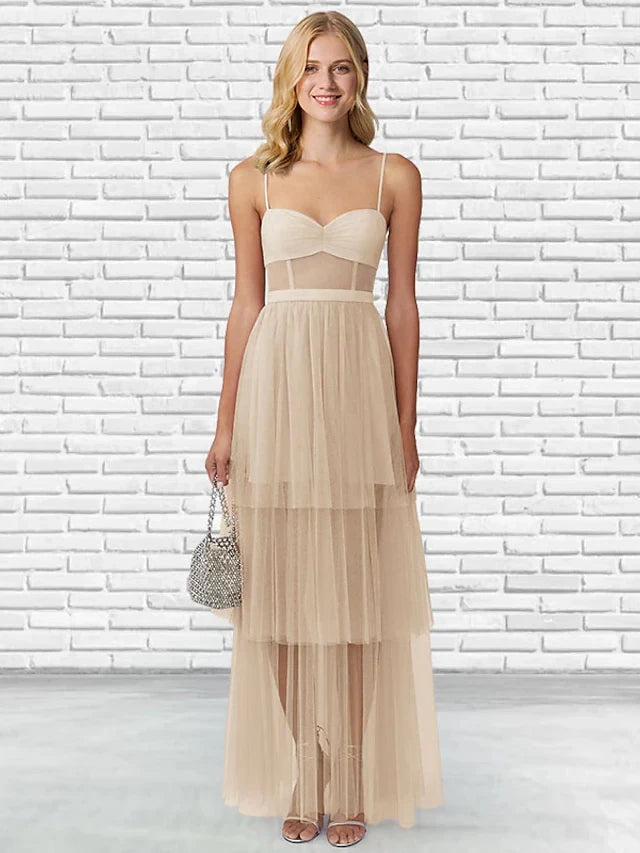 Charming Tulle A-Line Sweetheart Spaghetti Straps Zipper Back Maxi Homecoming Dresses