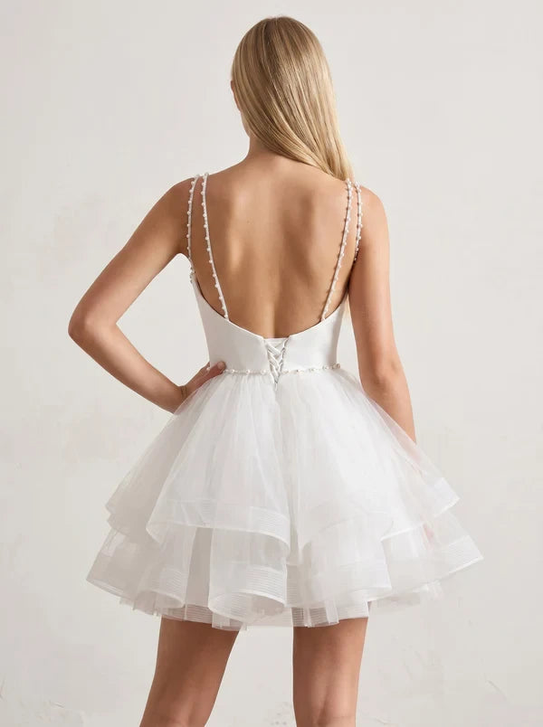 Charming Tulle A-Line Sweetheart Strapless Open Back Short Homecoming Dresses with Scarf Detail