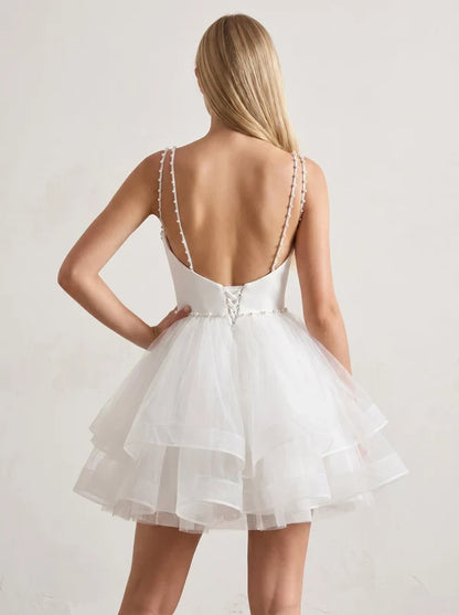 Charming Tulle A-Line Sweetheart Strapless Open Back Short Homecoming Dresses with Scarf Detail