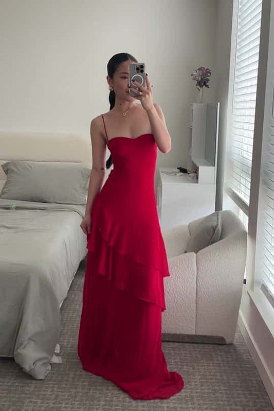 Chic A-Line Sweetheart Spaghetti Straps Crisscross Back Tiered Floor Length Prom Dress