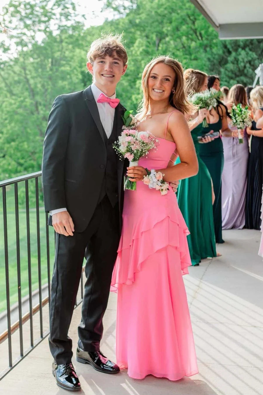 Chic Chiffon A-Line Sweetheart Spaghetti Strap Crisscross Back Tiered Prom Dress