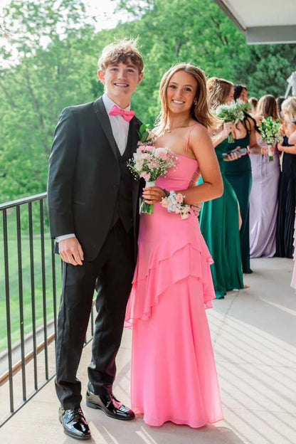 Chic Chiffon A-Line Sweetheart Spaghetti Strap Crisscross Back Tiered Prom Dress