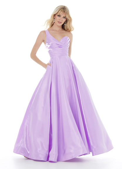 Chic A Line One Shoulder Ruched V Back Pocket Long Prom Dress