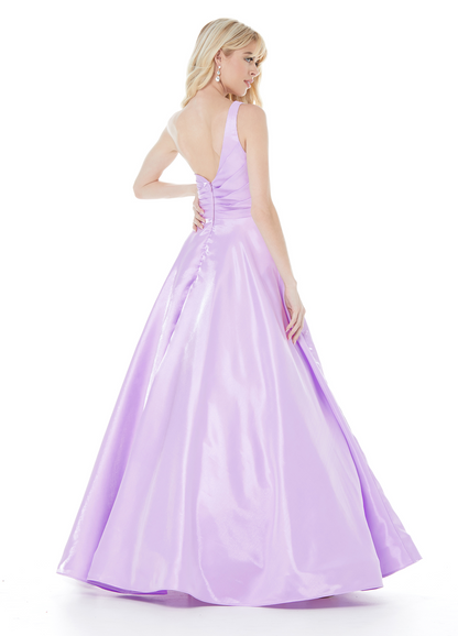 Chic A Line One Shoulder Ruched V Back Pocket Long Prom Dress