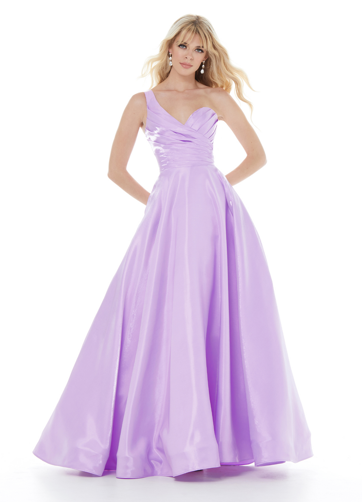 Chic A Line One Shoulder Ruched V Back Pocket Long Prom Dress