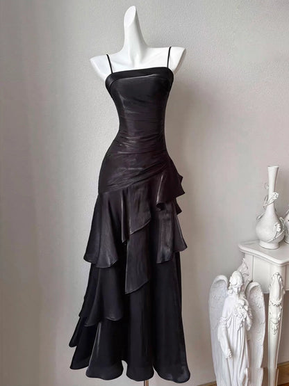 Chic Black Iridescent Satin Spaghetti Strap Ruched Ruffle Tiered Prom Dresses