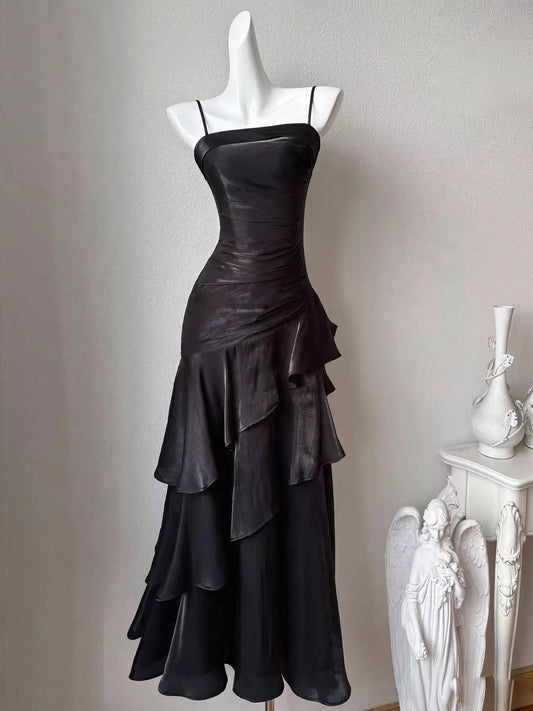 Chic Black Iridescent Satin Spaghetti Strap Ruched Ruffle Tiered Prom Dresses
