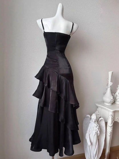 Chic Black Iridescent Satin Spaghetti Strap Ruched Ruffle Tiered Prom Dresses