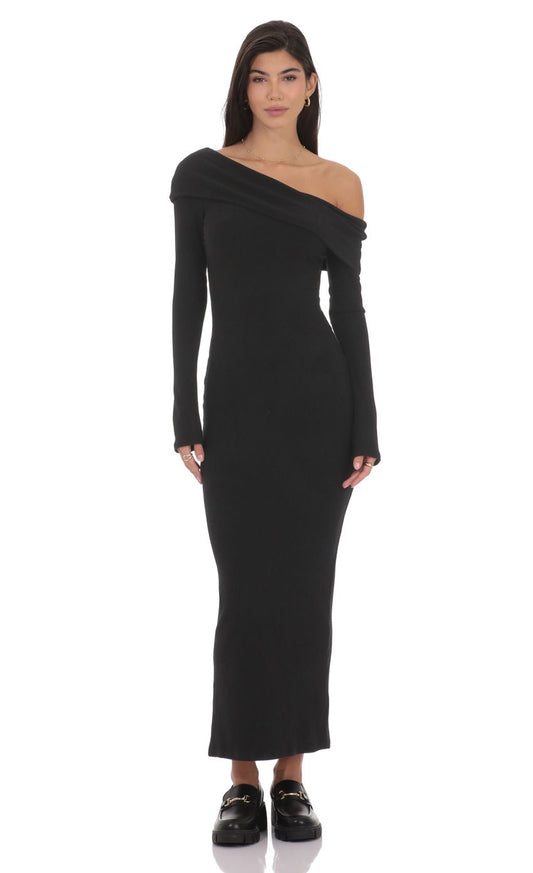 Chic Black Ribbed Knit Evening Dress with Asymmetric Off-Shoulder Neckline & Long Sleeves