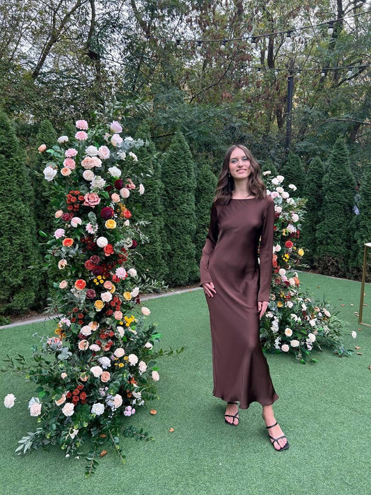 Chic Chocolate Brown Satin Evening Dresses with Boat Neck, Long Sleeves, Minimalist Design and Flowing Maxi Silhouette Formal Gown