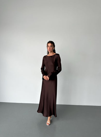 Chic Chocolate Brown Satin Evening Dresses with Boat Neck, Long Sleeves, Minimalist Design and Flowing Maxi Silhouette Formal Gown