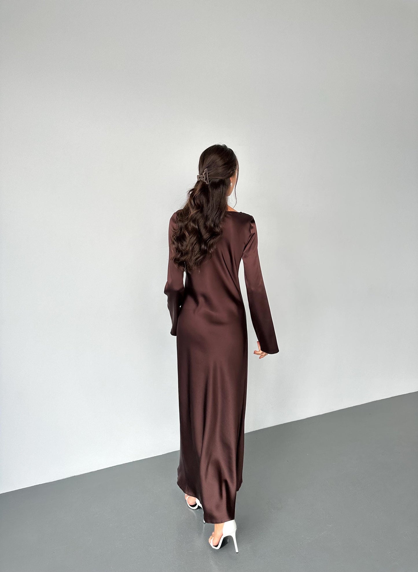Chic Chocolate Brown Satin Evening Dresses with Boat Neck, Long Sleeves, Minimalist Design and Flowing Maxi Silhouette Formal Gown