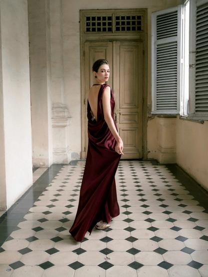 Chic Column Cowl-Neck Draped-Shoulder Open-Back Floor-Length Satin Evening Dress