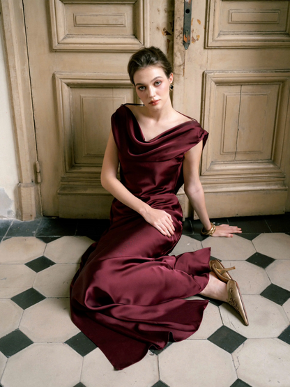 Chic Column Cowl-Neck Draped-Shoulder Open-Back Floor-Length Satin Evening Dress