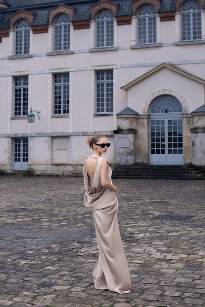 Chic Column Cowl-Neck Draped-Shoulder Open-Back Floor-Length Satin Evening Dress