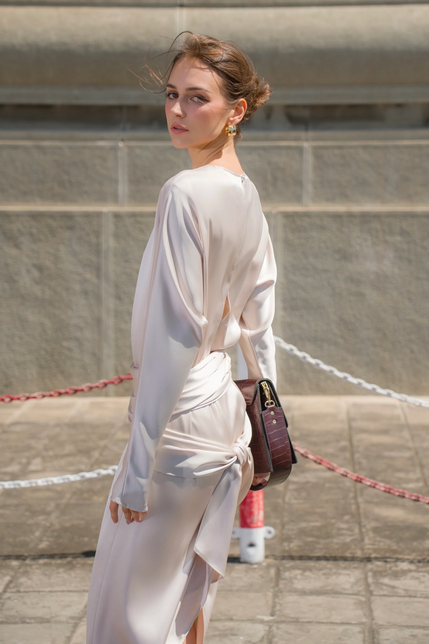 Elegant Satin Column Long Sleeve Open Back Floor Length Evening Dress