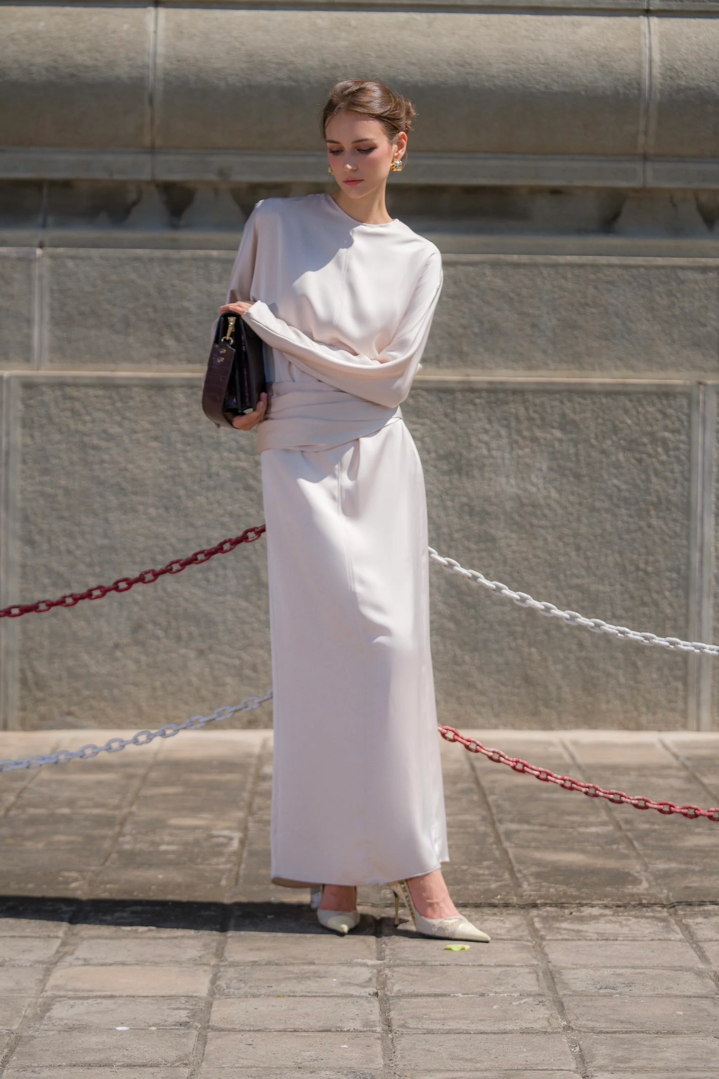 Elegant Satin Column Long Sleeve Open Back Floor Length Evening Dress