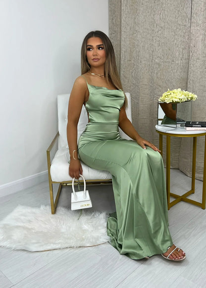 Chic Cowl Neck Cross-Back Spaghetti Strap High Slit Mermaid Floor-Length Evening Dress