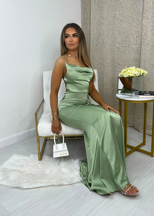 Chic Cowl Neck Cross-Back Spaghetti Strap High Slit Mermaid Floor-Length Evening Dress