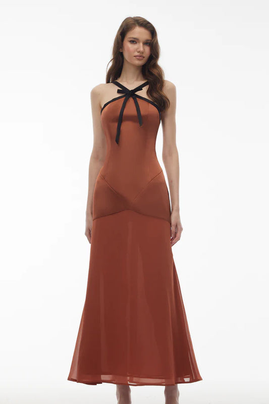 Chic Fitted Halter Neck Sleeveless Bow Detail Midi Length Evening Dress
