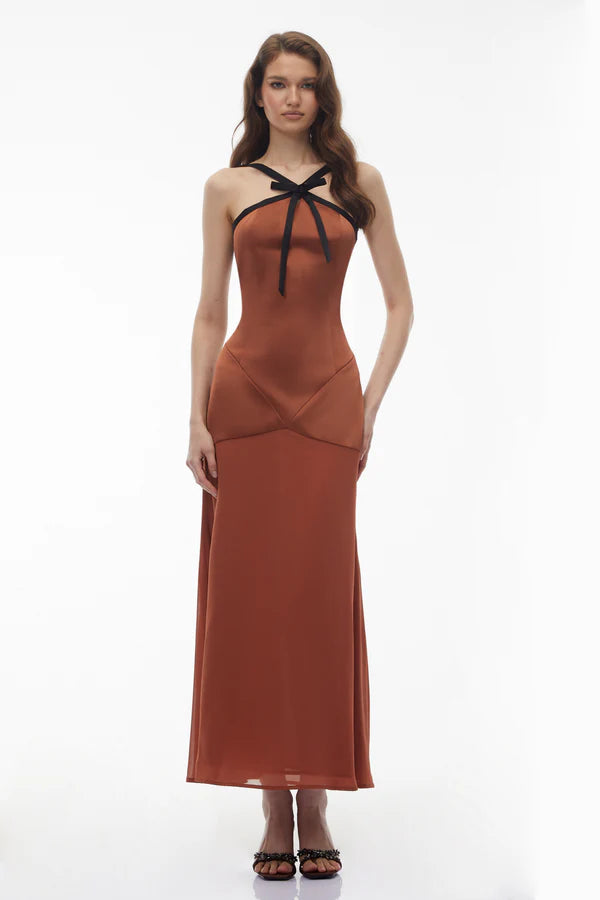 Chic Fitted Halter Neck Sleeveless Bow Detail Midi Length Evening Dress