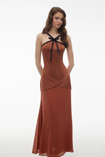 Chic Fitted Halter Neck Sleeveless Bow Detail Midi Length Evening Dress