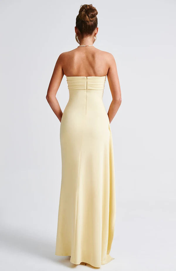 Elegant Strapless Tube Neck High Slit Draped Pale Yellow Floor Length Prom Dress