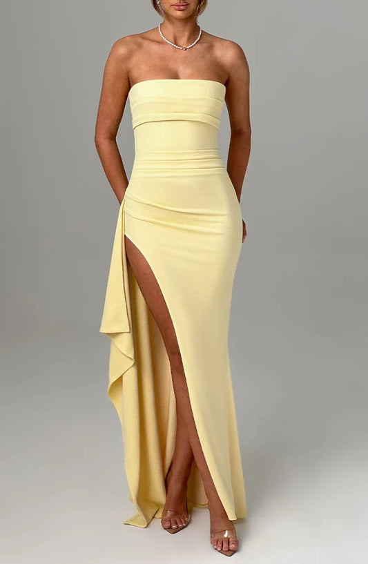 Chic Fitted Strapless Tube Neck Back Zip High Slit Floor Length Prom Dress