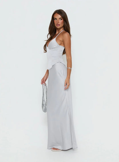 Chic Form-Fitting Halter V-Neck Sleeveless Open Back Corset Maxi Evening Dress