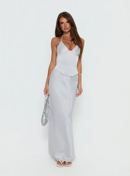 Chic Form-Fitting Halter V-Neck Sleeveless Open Back Corset Maxi Evening Dress