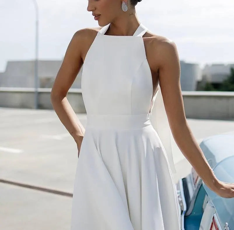 Chic Halter Evening Dress with Back Bow Tie, Open Back and Flared Midi Skirt