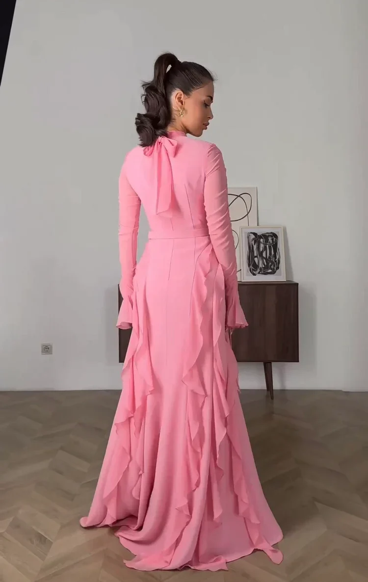 Chic High-Neck Long-Sleeve Ruffled Chiffon Floor-Length Mermaid Prom Dress