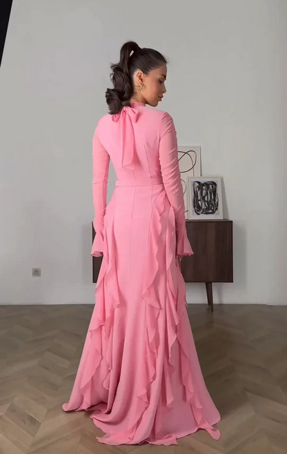 Chic High-Neck Long-Sleeve Ruffled Chiffon Floor-Length Mermaid Prom Dress