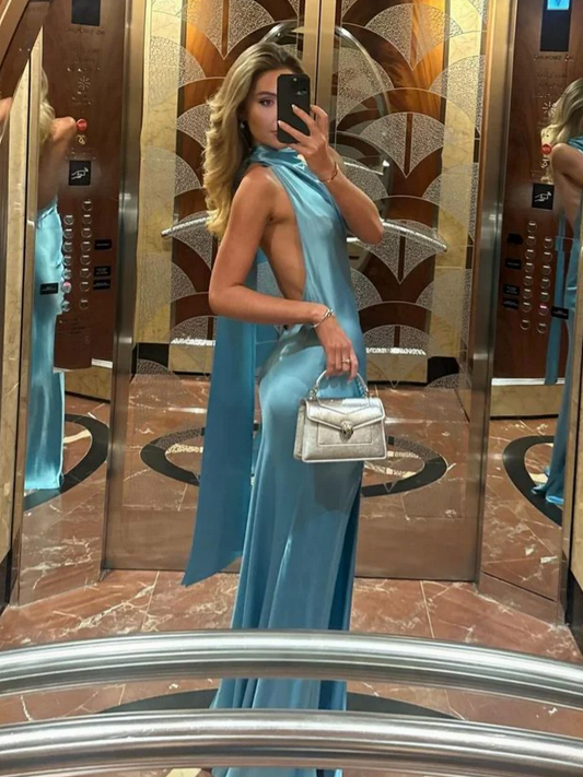 Chic Light Blue Satin Mermaid Halter Neck Sleeveless Open Back Floor Length Prom Dresses