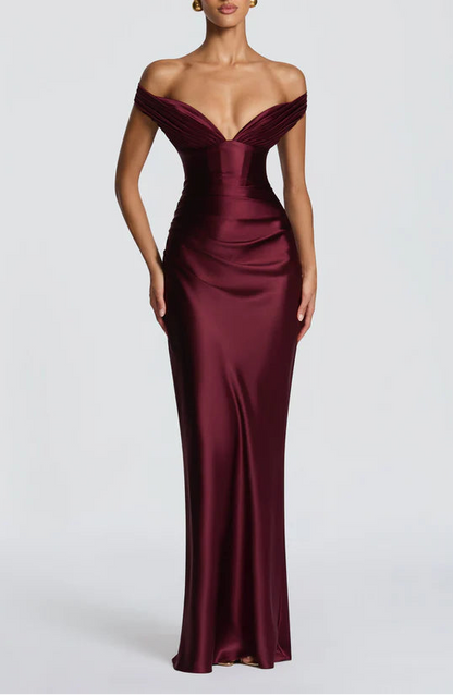 Chic Satin Mermaid Off-Shoulder Lace-Up Back Ruched Floor Length Prom Dress
