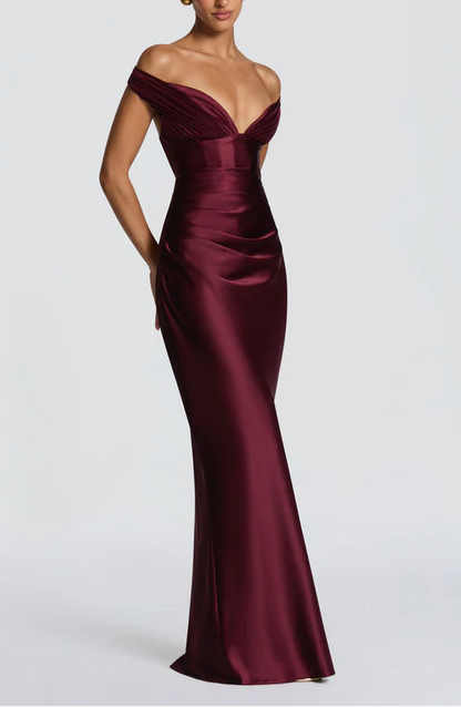 Chic Satin Mermaid Off-Shoulder Lace-Up Back Ruched Floor Length Prom Dress